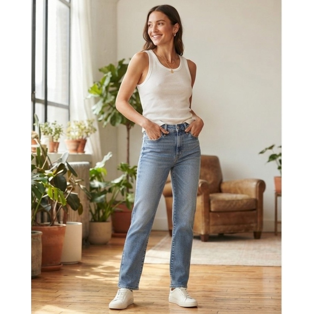 Quince Stretch High Rise Straight Jeans Seaside Blue Organic Cotton Size 29
